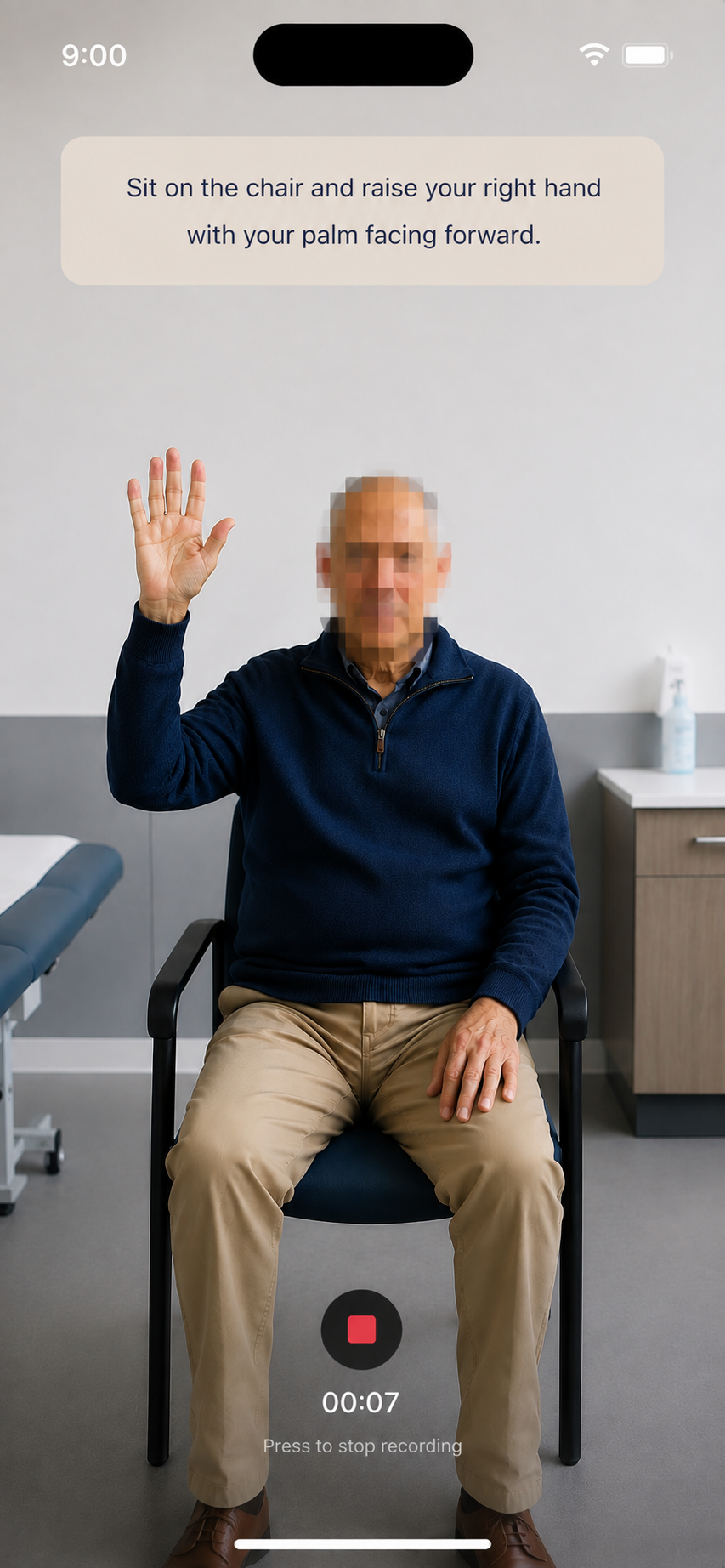 Kelvin Clinic provides guided in-app video capture as part of the clinical assessment workflow, allowing clinicians to record patients completing protocol defined tasks. Recording can also start automatically when required by the study protocol, enabling hands-free video capture during assessments. In this example, a seated patient performs a right-hand raise task while the app displays task instructions, a live recording timer and recording controls.